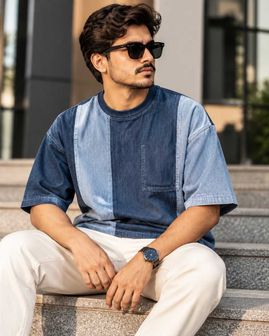 Denim,Drop,Shoulder,T-Shirt,Code,-,QDT1011