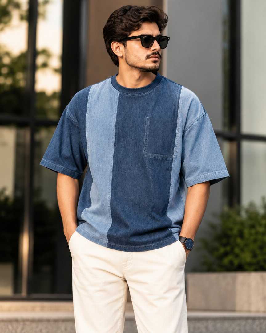 Denim,Drop,Shoulder,T-Shirt,Code,-,QDT1011