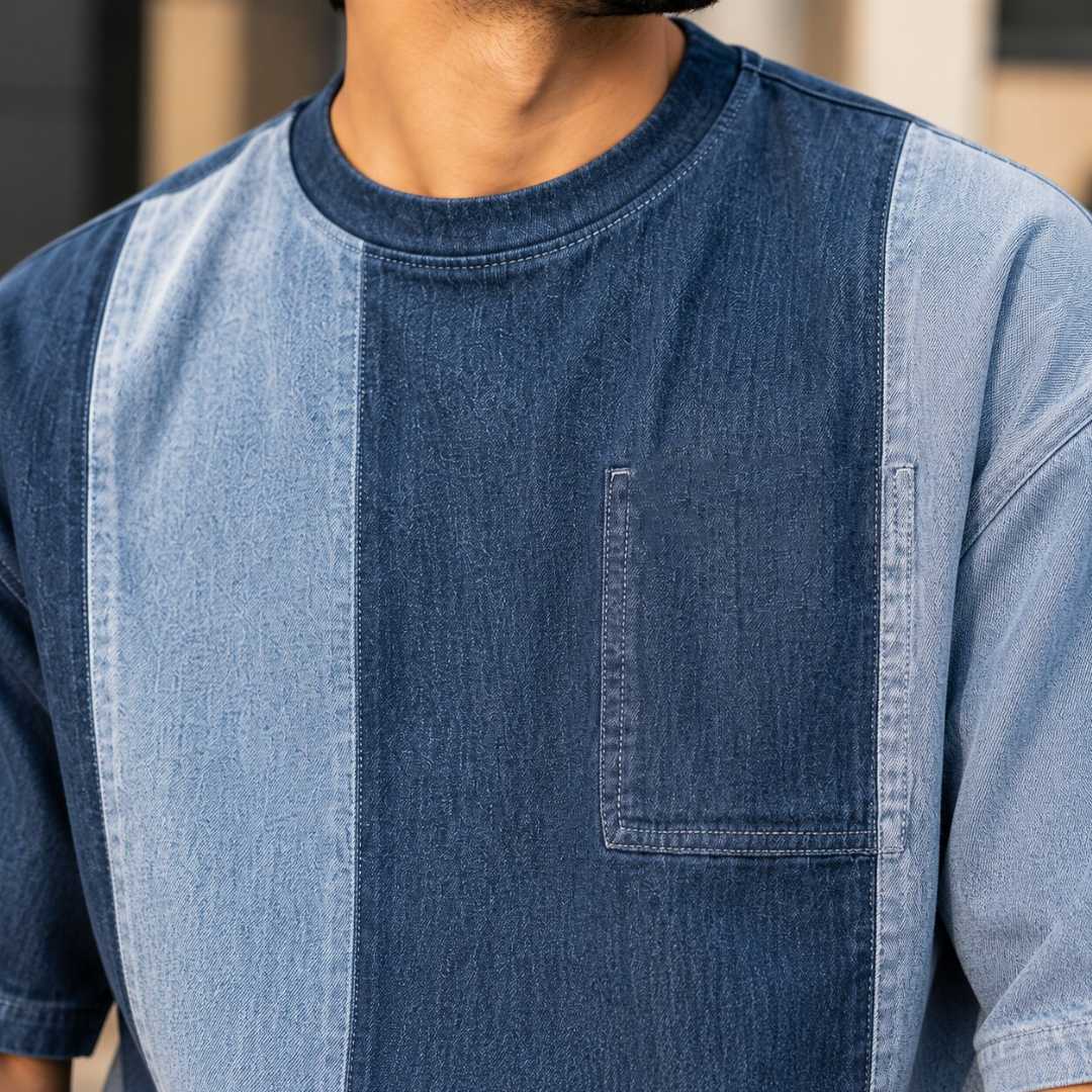 Denim,Drop,Shoulder,T-Shirt,Code,-,QDT1011