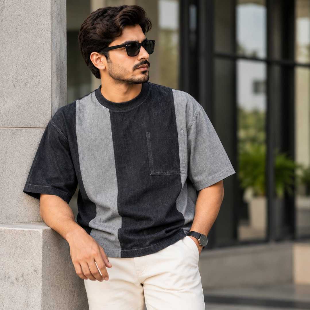 Denim,Drop,Shoulder,T-Shirt,Code,-,QDT1011